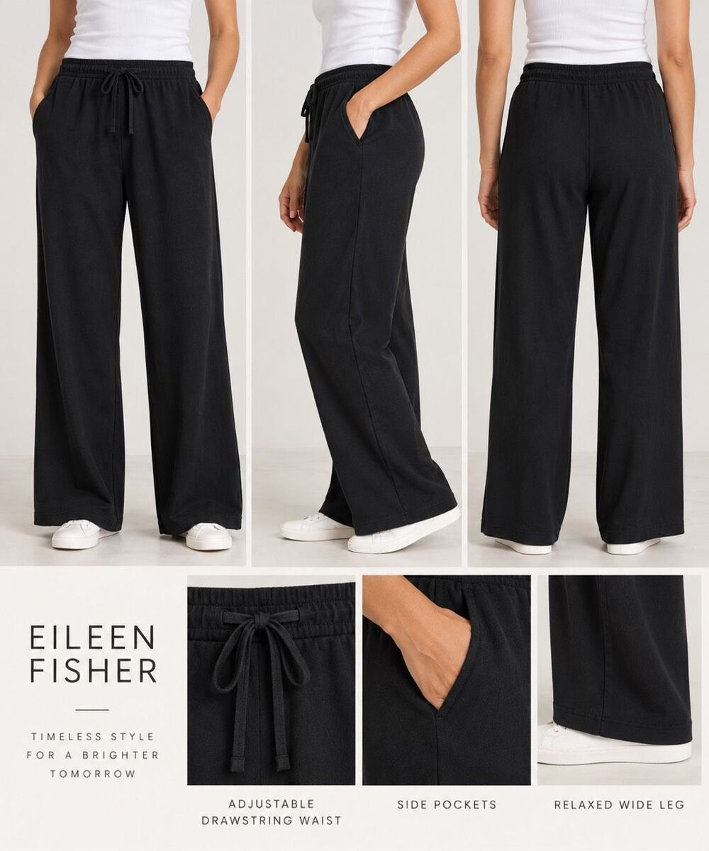 Eileen Fisher Large Black Wide Leg Drawstring Pants Stretch Lounge Casual